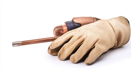 Wall Mural - A leather glove rests beside a copper tool, symbolizing craftsmanship and the importance of safety in metalworking or welding tasks.