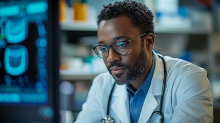 Aufkleber - A man wearing a white lab coat and glasses is looking at a computer monitor