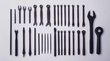 Wall Mural - A neatly arranged collection of black tools, including various wrenches and picks, displayed on a white background.