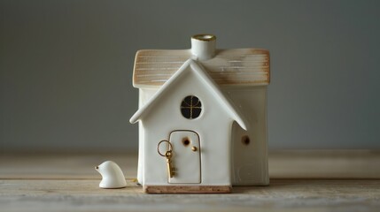 A delicate, porcelain peanut house toy with a dainty, white door, and a tiny, golden key