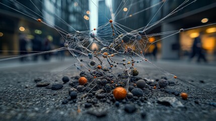 Aufkleber - Vibrant downtown conceptual art invisible threads linking memories and events in urban life from a low angle