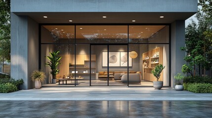 Wall Mural - Modern minimalist home, glass walls, evening light.