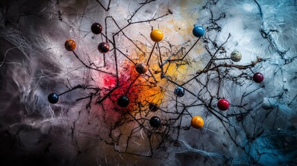 Poster - Memory pins embedded in textile web art installation colorful fabric abstract view conceptual exploration