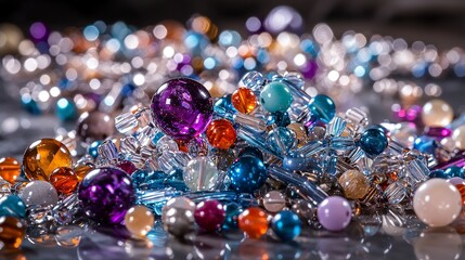 Poster - Artistic concept of vibrant beads rolling on craft studio floor a colorful still life photography close-up