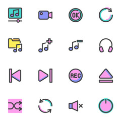Fototapete - Media player interface filled outline icons set