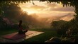 © PSCL RDL - A photo of a woman meditating on a yoga mat in a peaceful garden at dawn.