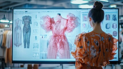 Poster - A woman is looking at a computer monitor that shows a display of clothing