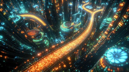 Poster - Futuristic city with glowing fiber-optic networks and holographic interfaces blending seamlessly with urban life.