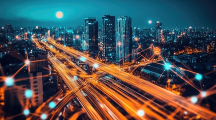 Poster - Futuristic city with glowing fiber-optic networks and holographic interfaces blending seamlessly with urban life.