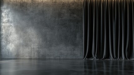 Poster - Minimalist design with a polished floor and dark velvet curtain adding depth to a textured gray wall.