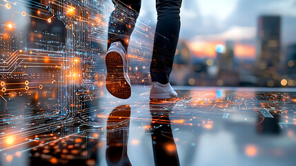 Poster - Innovative walking journey through digital landscapes at sunset urban setting futuristic concept