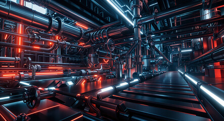 Poster - abstract technological background with pipes in production . Generative AI