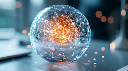 Poster - Dynamic energy sphere visualizing connectivity and innovation in a high-tech office environment