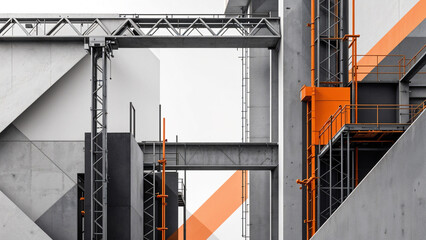 Poster - abstract grey orange background with elements of building structures . Generative AI