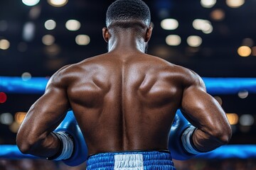 a muscular black male boxer prepares for a match, showcasing his powerful back and focused demeanor 