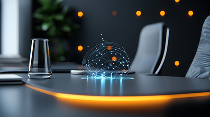 Poster - Innovative business meeting with holographic technology modern office digital interaction contemporary setting professional perspective