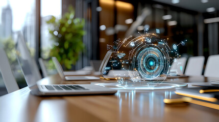 Poster - Innovative digital interface displaying data insights in modern office business environment with futuristic technology perspective