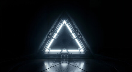 Poster - dark abstract tech background with triangle neon shapes . generative ai