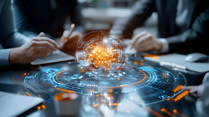 Poster - Innovative business meeting explores global technology solutions in a modern office environment collaborative perspective