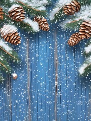 Wall Mural - winter christmas background with fir branches cones and snow on blue wooden texture.