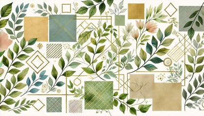 Fototapete - A watercolor pattern of geometric shapes interspersed with soft, leafy vines and small floral accents, in a modern color palette of greens, and pastels, suitable for branding and digital content.
