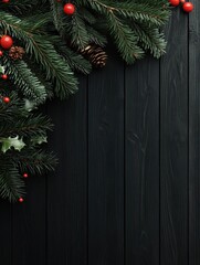 Wall Mural - merry christmas and happy new year, postcard with garland, christmas tree branches and black wood te