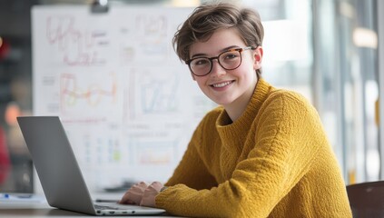 Aufkleber - Young woman with glasses wearing a cozy yellow sweater, smiling confidently while working on a laptop in a modern office environment with charts in the background.