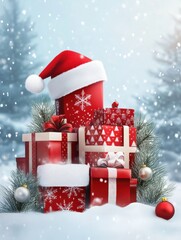 Wall Mural - merry christmas card with gift boxes. pile of winter holidays gift boxes, christmas balls, xmas tree