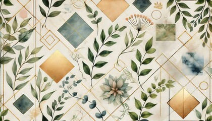 Fototapete - A watercolor pattern of geometric shapes interspersed with soft, leafy vines and small floral accents, in a modern color palette of greens, and pastels, suitable for branding and digital content.