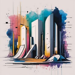 Poster - Abstract futuristic contemporary modern watercolor art minimalist illustration for social media wall decoration postcard or brochure cover design digital generated cartoon style