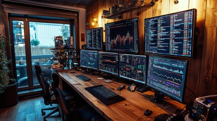 Aufkleber - A computer workstation with a large monitor and several smaller monitors