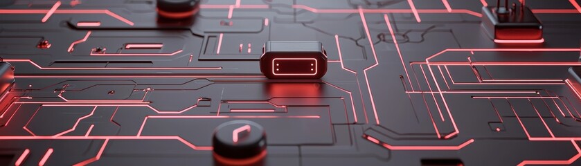 Poster - Pattern of futuristic 3D digital icons, holographic circuits, and glowing nodes scattered across a seamless surface