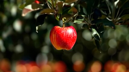 Canvas Print - Vibrant red apple dangles from a leafy branch, capturing the beauty of nature's harvest by Generative AI