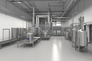 Poster - Clean and Modern Industrial Facility Interior with Stainless Steel Equipment, Tanks, and Pipes for Food and Beverage Processing or Pharmaceutical Production