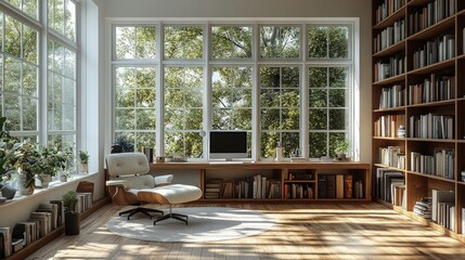 Wall Mural - Sunlit library with large windows, bookshelves, and armchair.