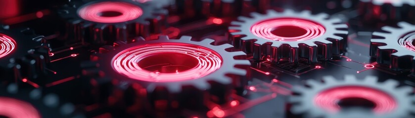 Poster - Pattern of neon circuits, 3D gears, and interconnected glowing nodes arranged in a sleek seamless grid