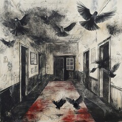 Wall Mural - Birds in a Gloomy Corridor: A Dark Surrealist Interior