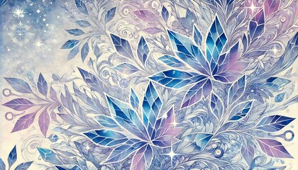 Aufkleber - An otherworldly anime-style pattern of crystalline leaves in shades of icy blue, silver, and lavender, glowing softly against a frosty white and pale pink watercolor background.