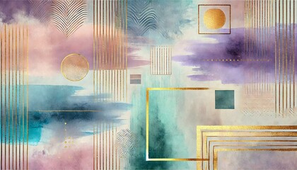 Fototapete - A modern, abstract watercolor pattern with subtle gradients and color blocking in shades of purple, gold, and teal, designed for digital backgrounds, social media posts, or branding materials.