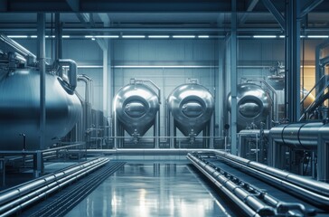 Poster - Industrial Interior of a Modern Brewery with Stainless Steel Tanks and Pipelines, Illuminated by Blue Lighting for a High-Tech Appearance and Clean Environment