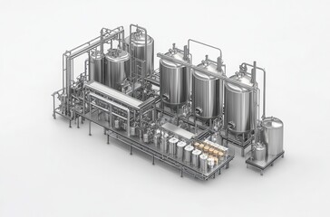 Poster - Industrial Processing Equipment for Food and Beverage Production Featuring Stainless Steel Tanks and Pipes in a Modern Production Facility Setup