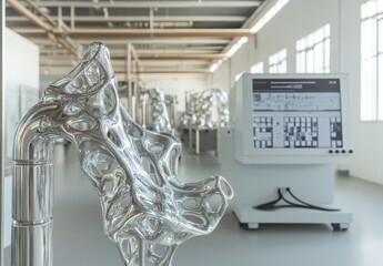 Poster - Modern laboratory showcasing advanced technology with unique fluid-like sculptures, sleek machinery, and an innovative design aesthetic in a spacious environment