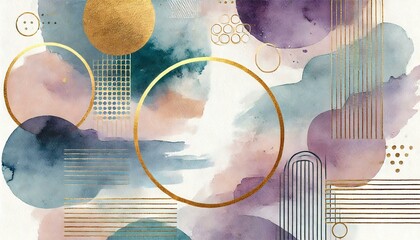 Fototapete - A modern, abstract watercolor pattern with subtle gradients and color blocking in shades of purple, gold, and teal, designed for digital backgrounds, social media posts, or branding materials.