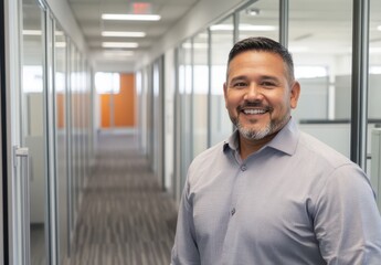 Poster - Professional business portrait of a smiling man in a modern office corridor with glass walls, showcasing teamwork, leadership, and corporate atmosphere.