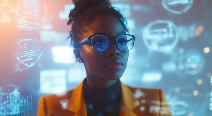 Poster - Professional woman in yellow blazer with futuristic glasses, deep in thought amid a backdrop of digital data and holographic graphics, representing innovation and technology
