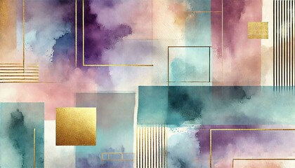 Fototapete - A modern, abstract watercolor pattern with subtle gradients and color blocking in shades of purple, gold, and teal, designed for digital backgrounds, social media posts, or branding materials.