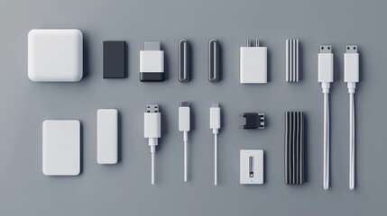 Poster - 3D vector of a phone charger set with USB cable, electric plugs, and auto adaptors, perfect for showing digital devices or recharging concepts.