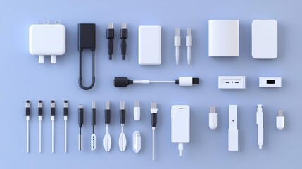 Poster - 3D vector of a phone charger set with USB cable, electric plugs, and auto adaptors, perfect for showing digital devices or recharging concepts.