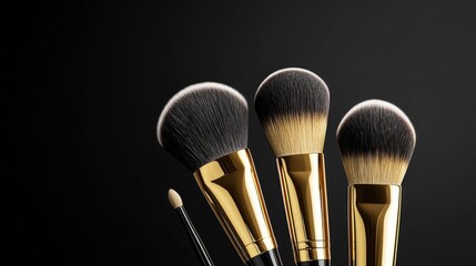 Poster - A 3D realistic illustration of professional golden makeup brushes for powder, eyeshadow, and foundation, perfect for beauty or cosmetic product promotions.