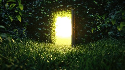Poster - A 3D render of an open door surrounded by lush grass, with glowing light emanating from beyond. A surreal and magical scene perfect for imagination-themed ads.
